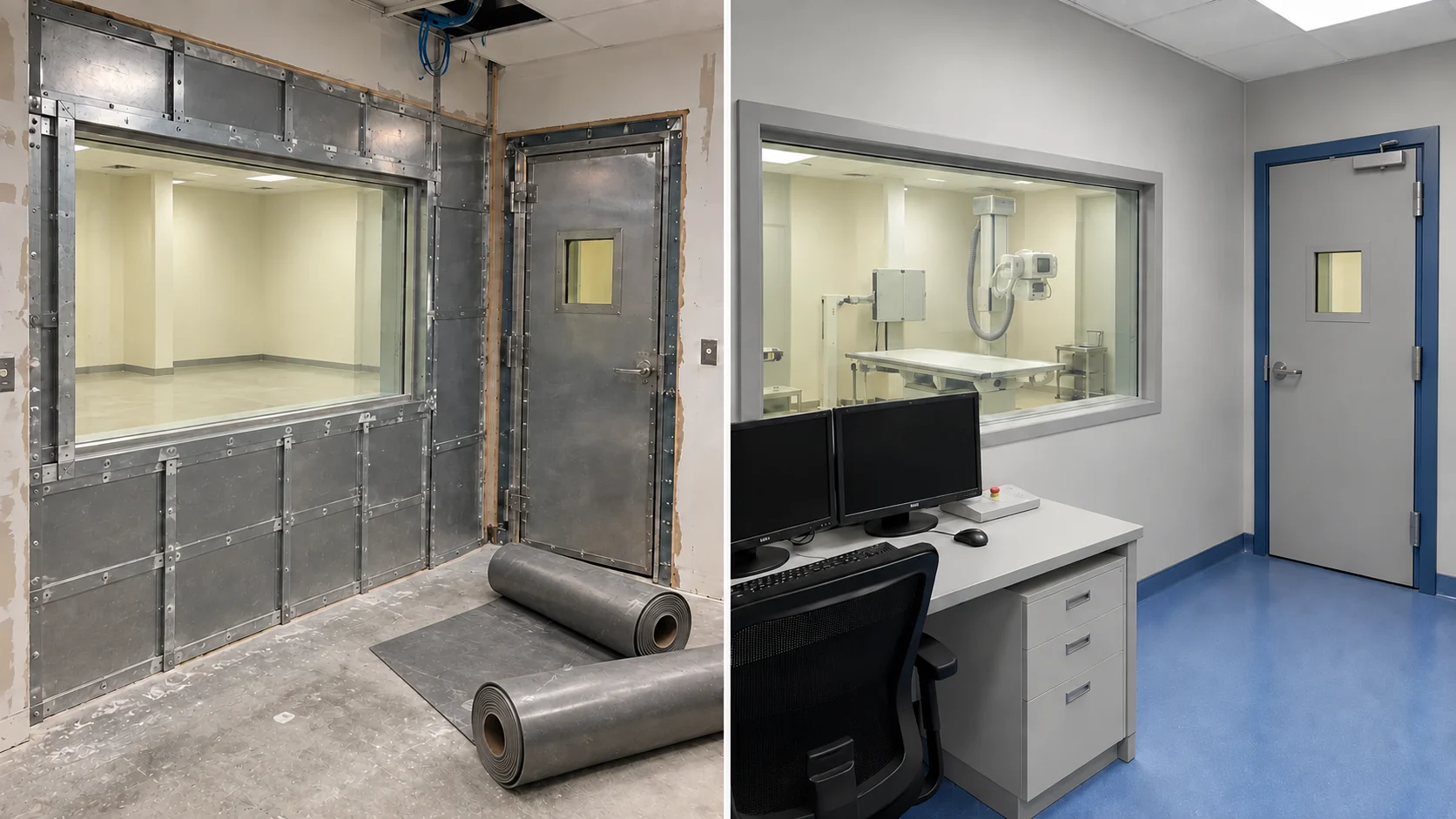 Vitre plombée et salle de commande radiologique, avant et après aménagement
